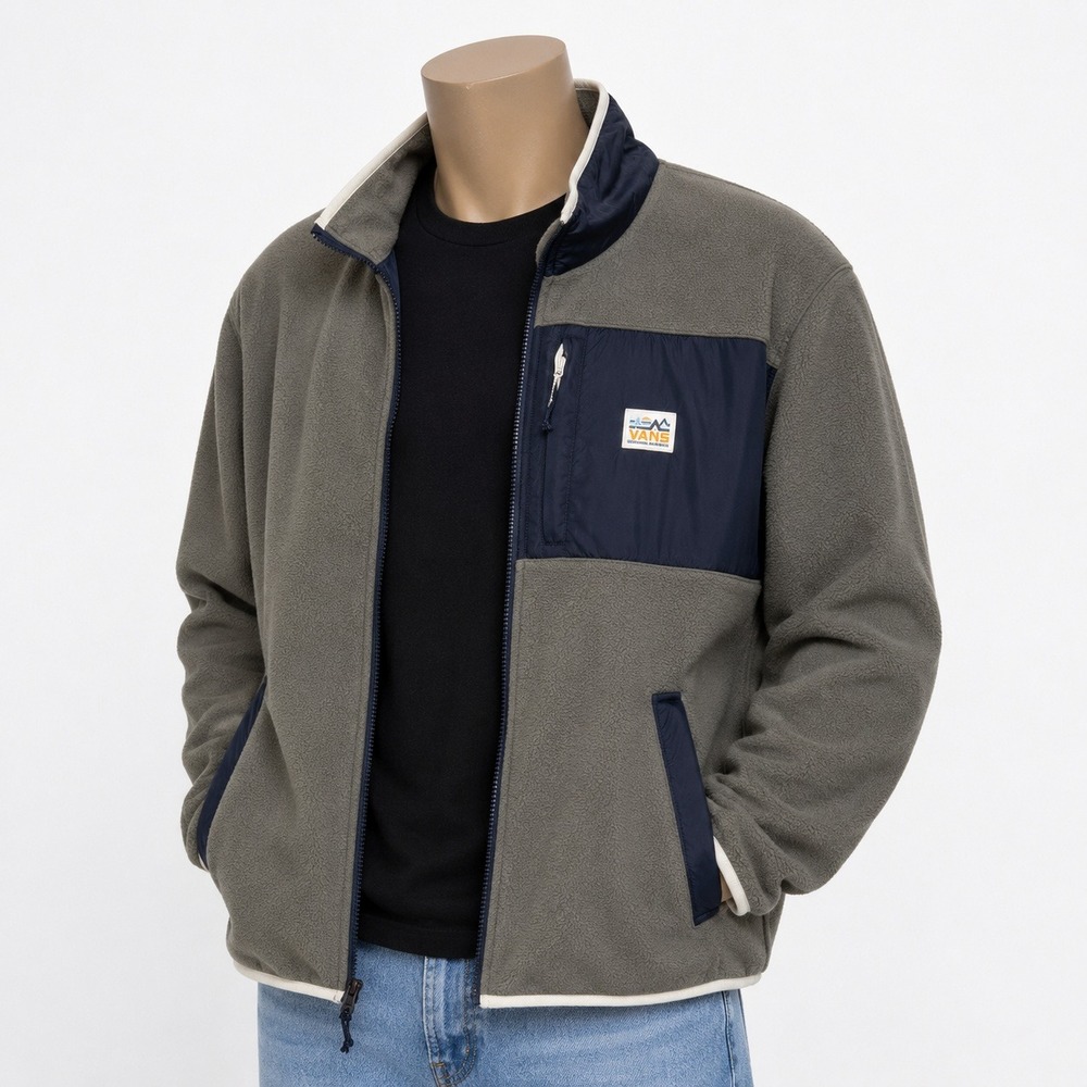 Vans Mens XL Full Zip Fleece Jacket Olive Green Navy Blue Gorpcore Mock Neck